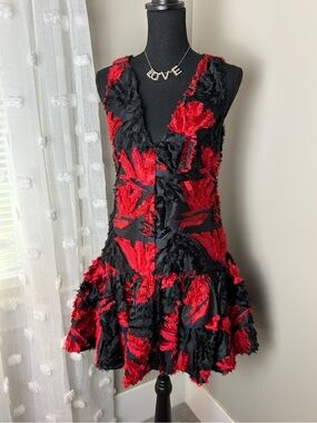 Milly Black and Red Textured V-Neck Ruffle Hem Mini Dress Size 2
